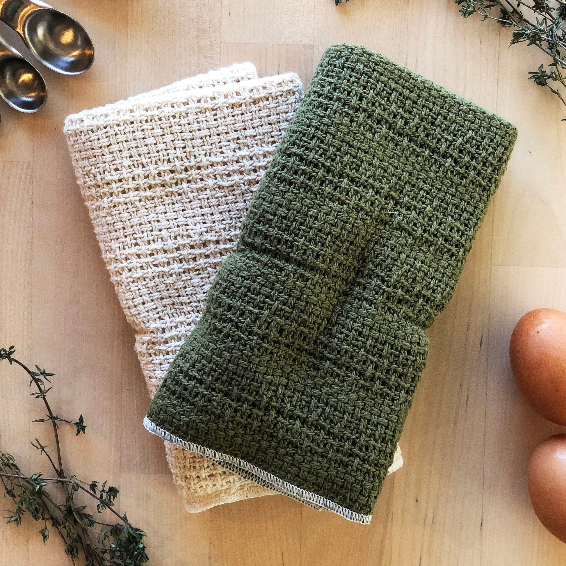 Made in the USA 100% Cotton Kitchen Towel - Set of 2 - American Made Kitchen Towels - American Home USA -  Green and Natural Set